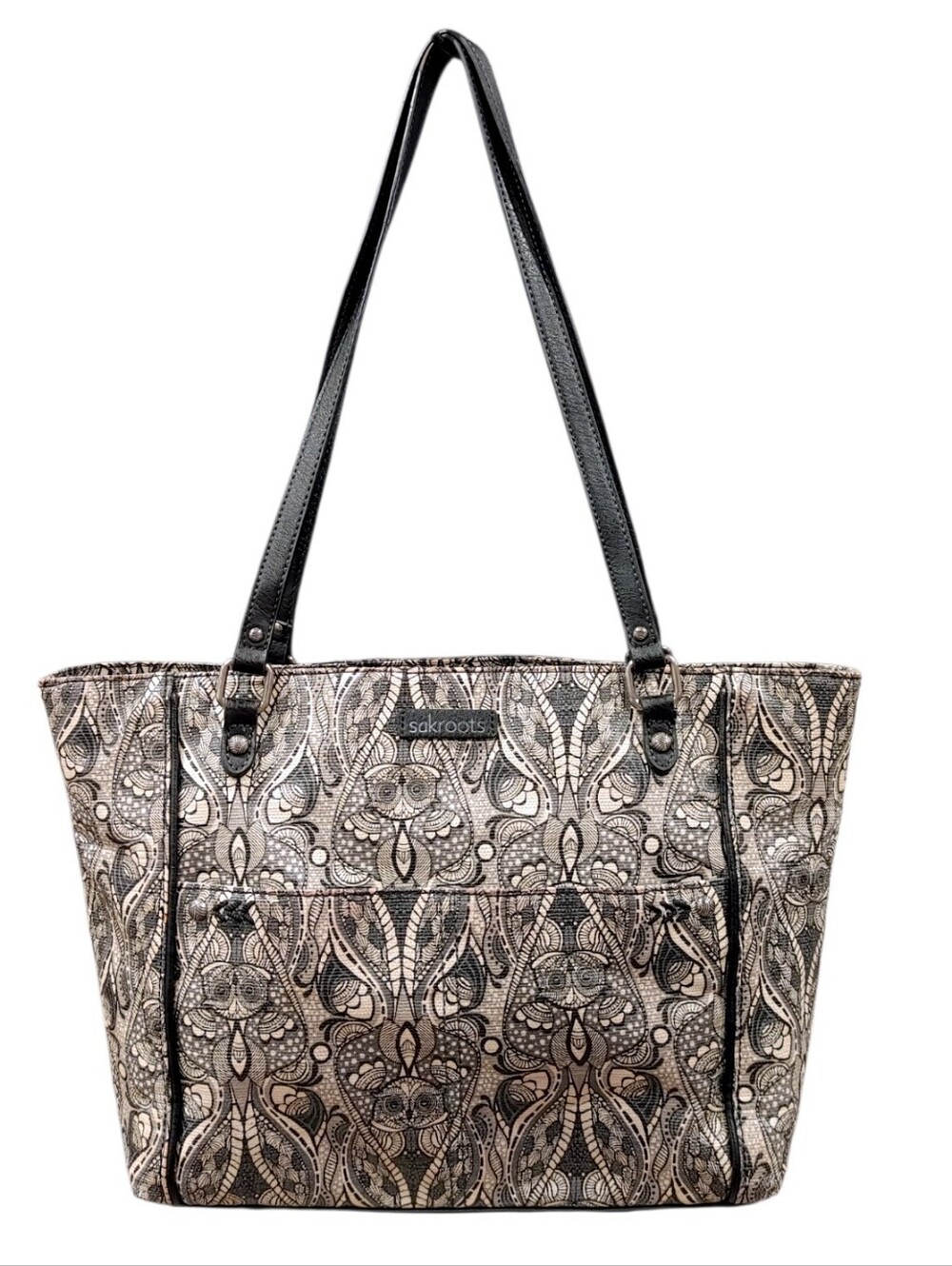 Sakroots Boho Owl Black White Gray Leather Tote Shoulder Bag Handbag Purse